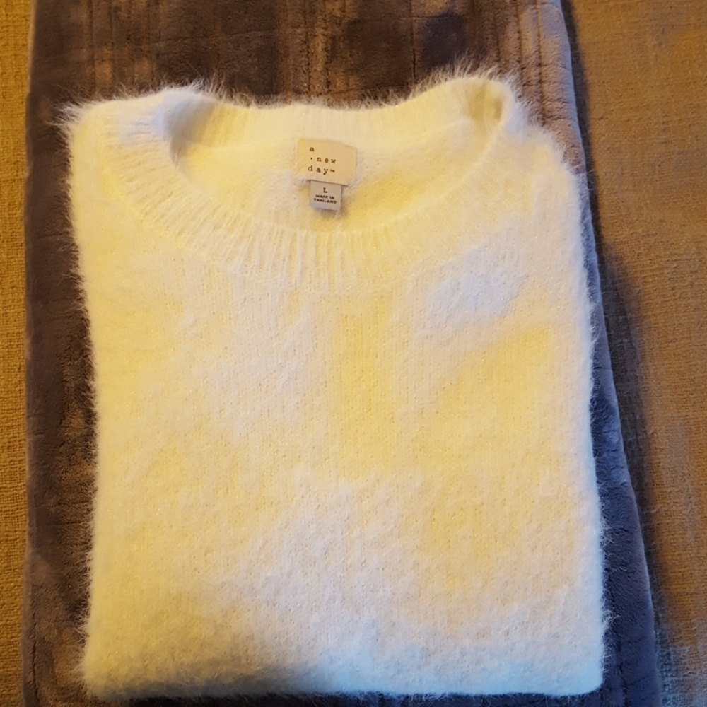 A New Day Shimmering White Fluffy Sweater